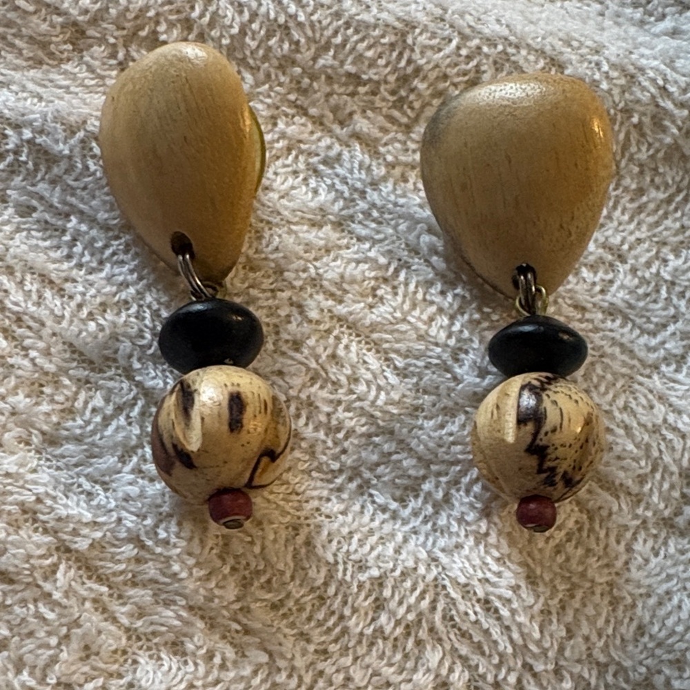 Handcrafted Wooden Drop Earrings in Beige and Black